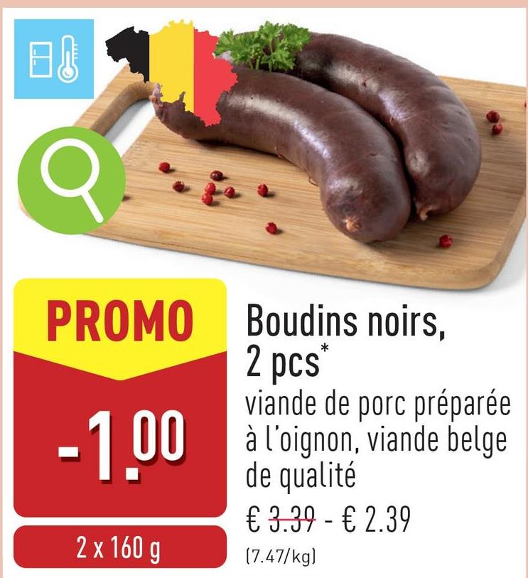 Boudins noirs, 2 pcs viande de porc préparée à l'oignon, viande belge de qualité