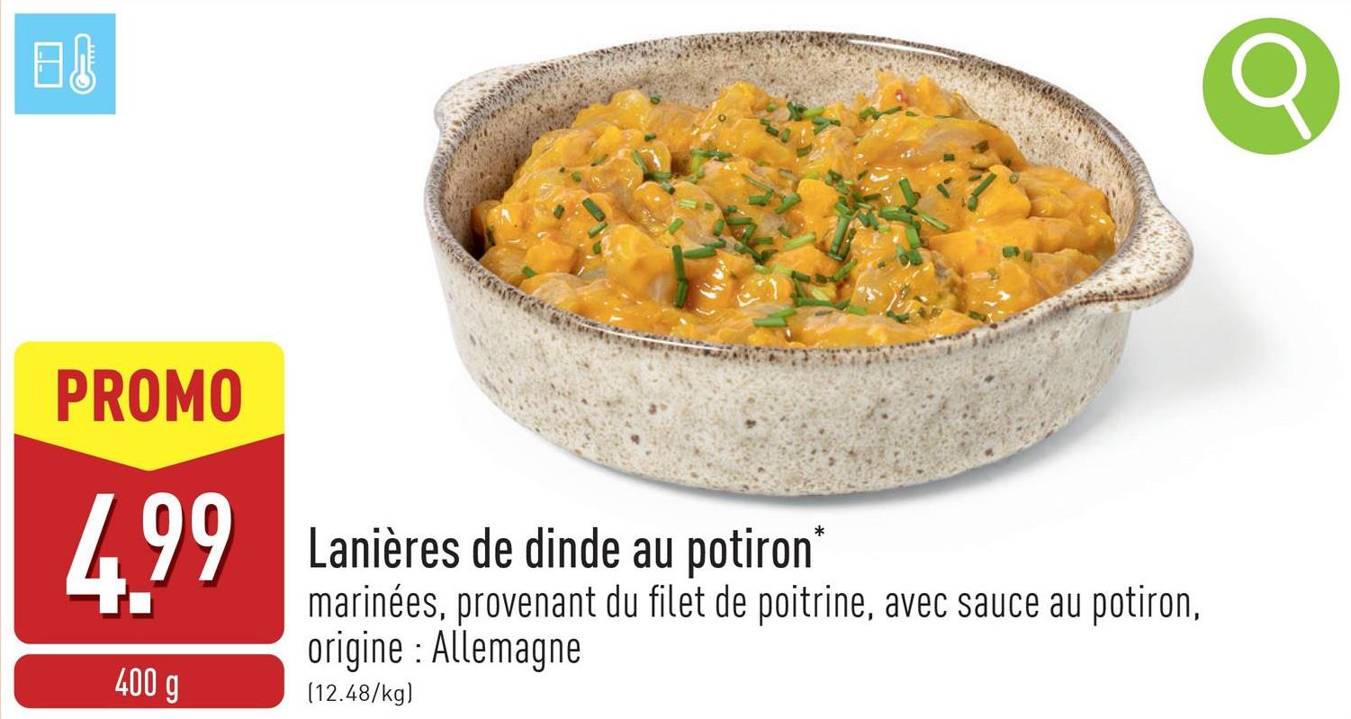 Lanières de dinde au potiron marinées, provenant du filet de poitrine, avec sauce au potiron, origine : Allemagne