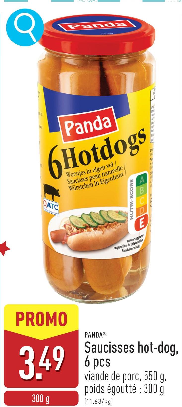 Saucisses hot-dog, 6 pcs viande de porc, 550 g, poids égoutté : 300 g