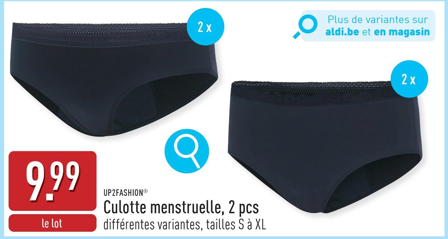 Culotte menstruelle, 2 pcs matière extérieure : polyamide/élasthanne, doublure : coton/élasthanne, protection intégrée : polyester/polyamide, la couche de protection avec technologie antimicrobienne absorbe l’humidité et combat les odeurs, couche absorbante pour une protection fiable et une sensation au sec, choix entre différentes variantes, tailles S à XL, certifiée OEKO-TEX®