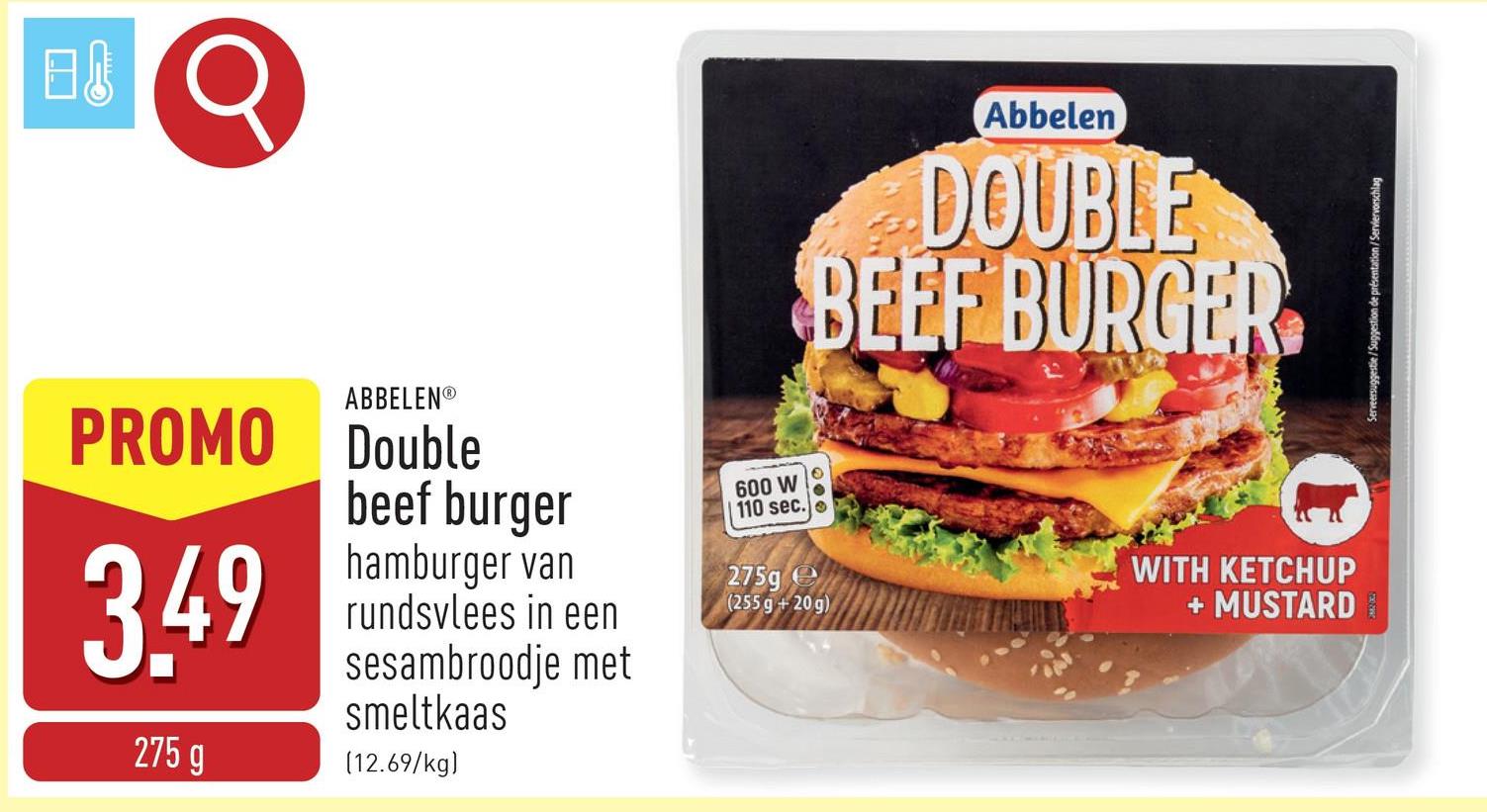 Double beef burger hamburger van rundsvlees in een sesambroodje met smeltkaas, incl. een zakje tomatenketchup en een zakje mosterd