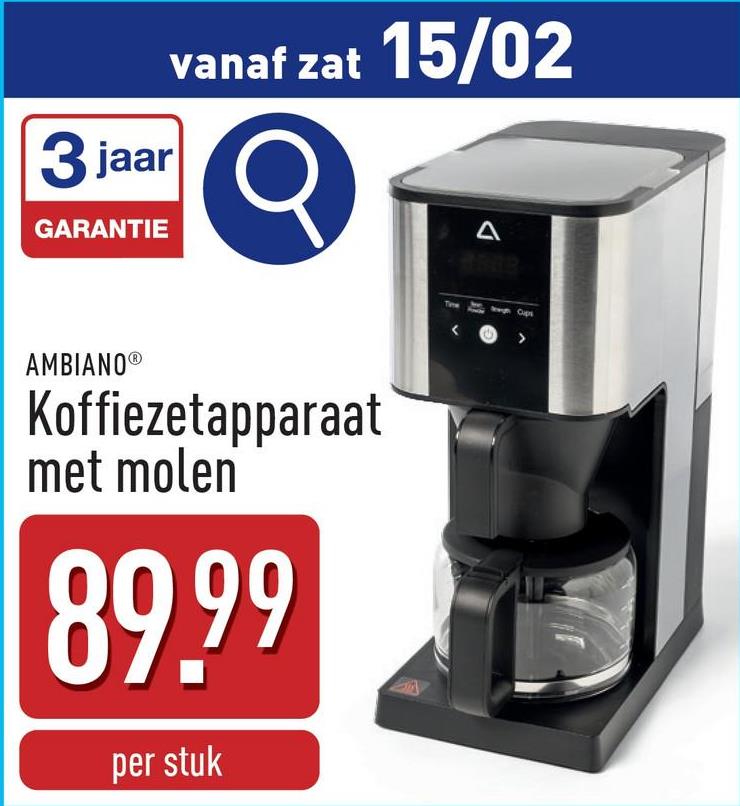 Koffiezetapparaat met molen 730 Wglazen kan van 1,25 lwarmhoudplaatafneembaar waterreservoir met transparante waterniveau-indicatordigitale functieweergavemet timerinstelbare koffiesterkte en -diktezowel met koffiebonen als met gemalen koffie te gebruikenincl. filter, reinigingsborstel en maatlepel