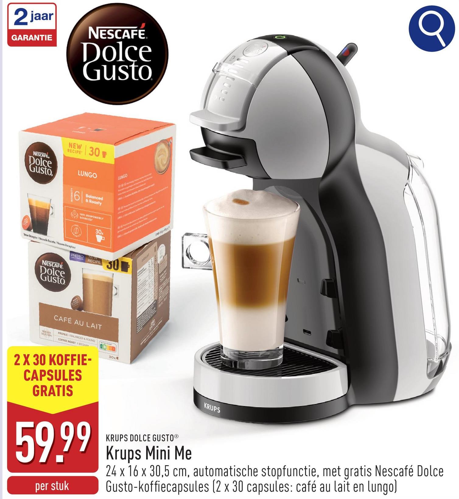 Krups Mini Me 24 x 16 x 30,5 cmhogedruksysteem van 15 barautomatische stopfunctiemet gratis Nescafé Dolce Gusto-koffiecapsules (2 x 30 capsules: café au lait en lungo)