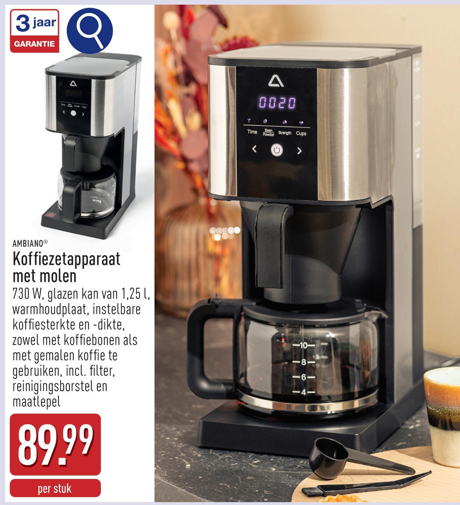 Koffiezetapparaat met molen 730 Wglazen kan van 1,25 lwarmhoudplaatafneembaar waterreservoir met transparante waterniveau-indicatordigitale functieweergavemet timerinstelbare koffiesterkte en -diktezowel met koffiebonen als met gemalen koffie te gebruikenincl. filter, reinigingsborstel en maatlepel