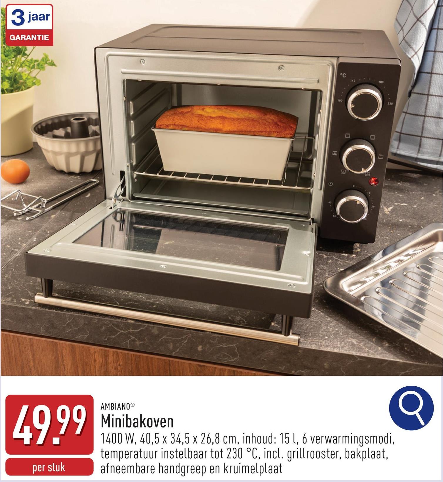 Minibakoven 1400 W40,5 x 34,5 x 26,8 cminhoud: 15 lgeschikt voor pizza's tot 26 cm6 verwarmingsmoditemperatuur instelbaar tot 230 °Ctimerfunctiecontrolelampjeincl. grillrooster, bakplaat, afneembare handgreep en kruimelplaat