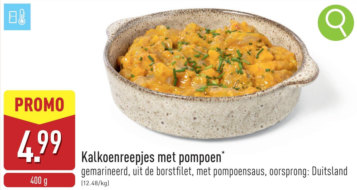 Kalkoenreepjes met pompoen gemarineerd, uit de borstfilet, met pompoensaus, oorsprong: Duitsland