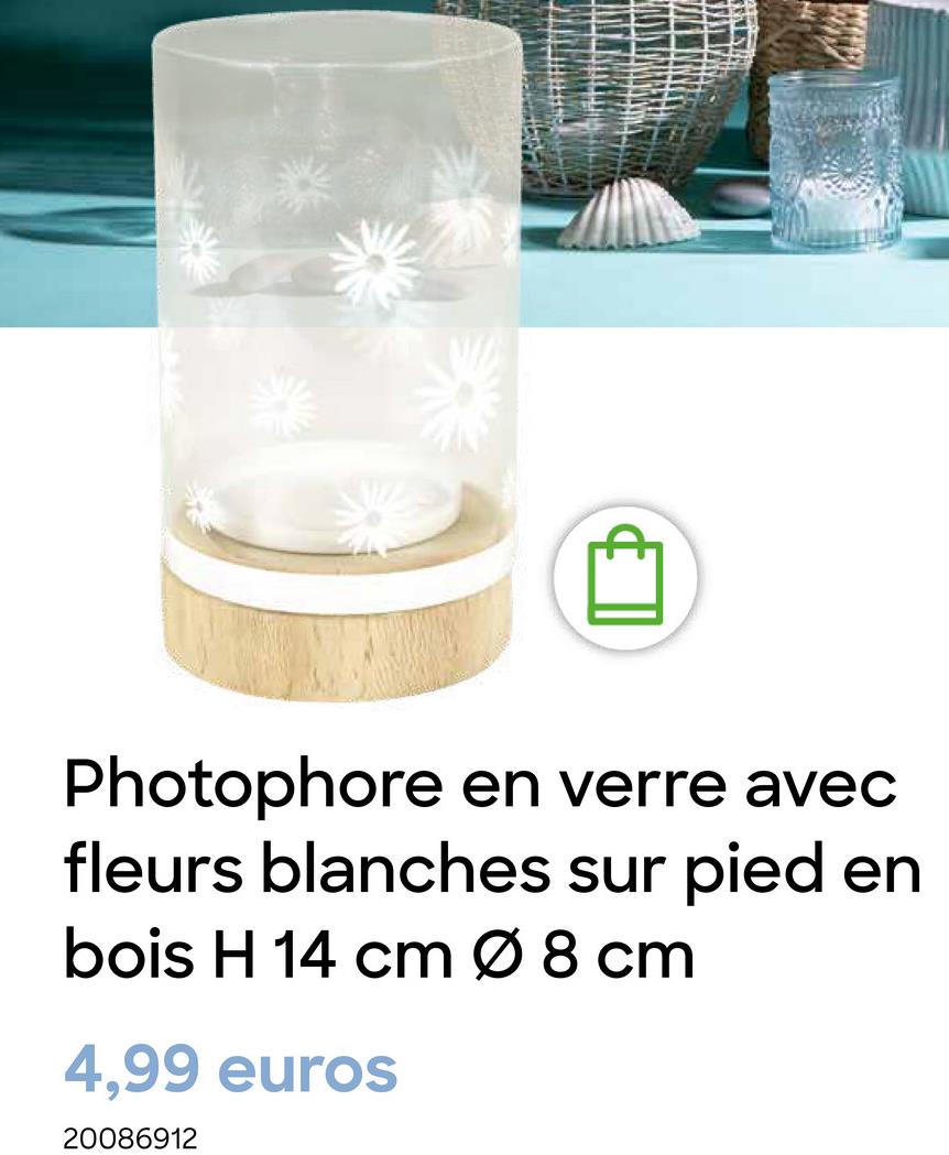 Photophore en verre avec
fleurs blanches sur pied en
bois H 14 cm Ø 8 cm
4,99 euros
20086912