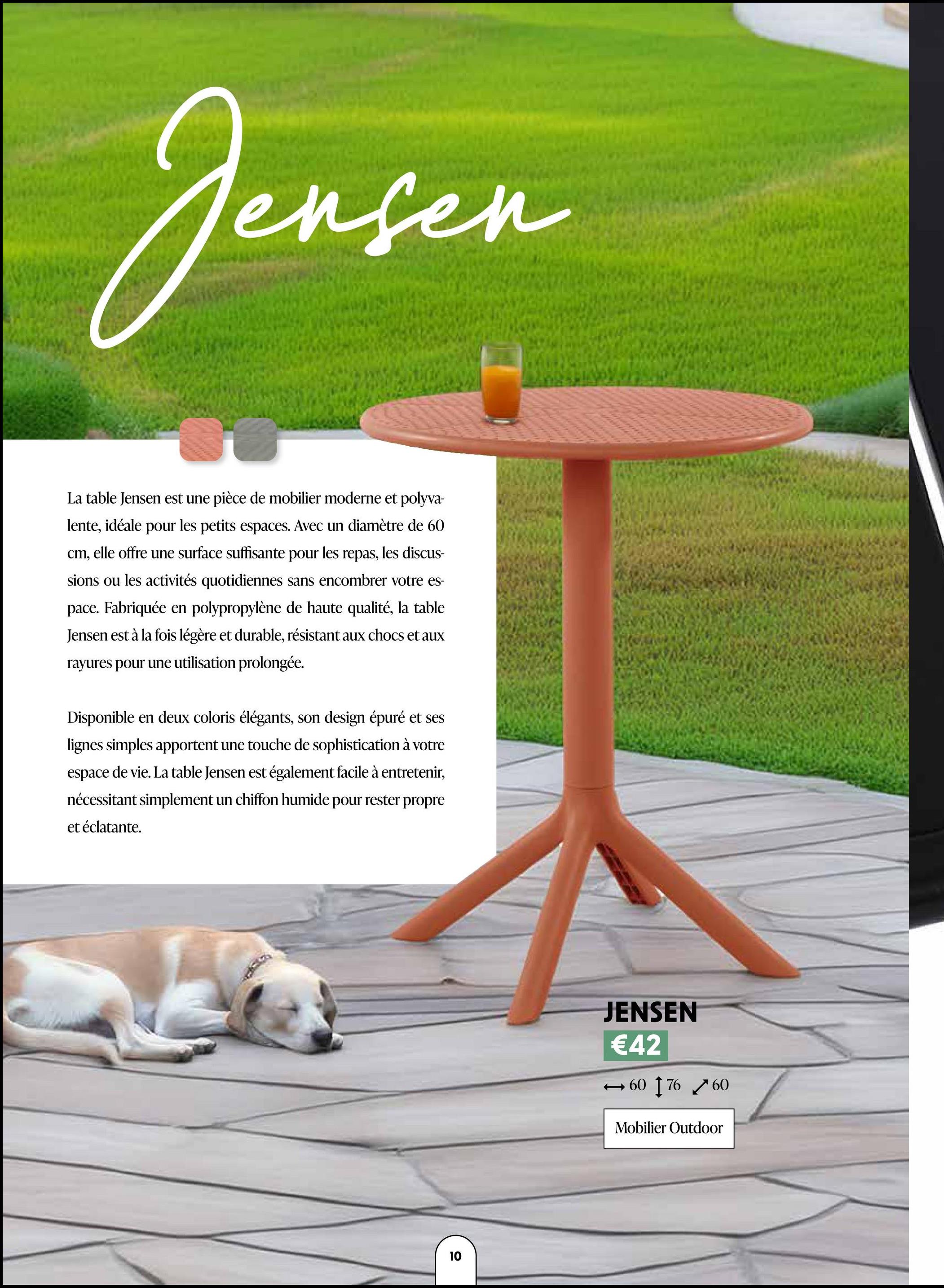 Jensen
La table Jensen est une pièce de mobilier moderne et polyva-
lente, idéale pour les petits espaces. Avec un diamètre de 60
cm, elle offre une surface suffisante pour les repas, les discus-
sions ou les activités quotidiennes sans encombrer votre es-
pace. Fabriquée en polypropylène de haute qualité, la table
Jensen est à la fois légère et durable, résistant aux chocs et aux
rayures pour une utilisation prolongée.
Disponible en deux coloris élégants, son design épuré et ses
lignes simples apportent une touche de sophistication à votre
espace de vie. La table Jensen est également facile à entretenir,
nécessitant simplement un chiffon humide pour rester propre
et éclatante.
10
JENSEN
€42
+60176 60
Mobilier Outdoor