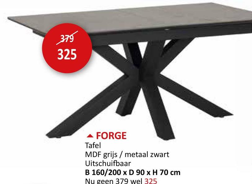 379
325
FORGE
Tafel
MDF grijs/metaal zwart
Uitschuifbaar
B 160/200 x D 90 x H 70 cm
Nu geen 379 wel 325