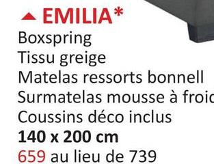 EMILIA*
Boxspring
Tissu greige
Matelas ressorts bonnell
Surmatelas
mousse à froic
Coussins déco inclus
140 x 200 cm
659 au lieu de 739