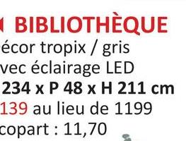 BIBLIOTHÈQUE
écor tropix/gris
vec éclairage LED
234 x P 48 x H 211 cm
139 au lieu de 1199
copart: 11,70