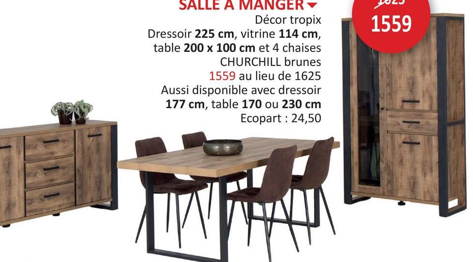 SALLE A MANGER
Décor tropix
Dressoir 225 cm, vitrine 114 cm,
table 200 x 100 cm et 4 chaises
CHURCHILL brunes
1559 au lieu de 1625
Aussi disponible avec dressoir
177 cm, table 170 ou 230 cm
Ecopart : 24,50
1559