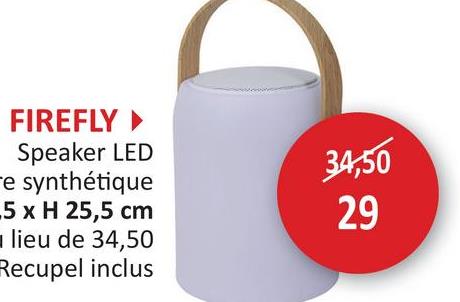 FIREFLY
Speaker LED
e synthétique
5 x H 25,5 cm
lieu de 34,50
Recupel inclus
34,50
29