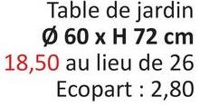 Table de jardin
Ø 60 x H 72 cm
18,50 au lieu de 26
Ecopart: 2,80