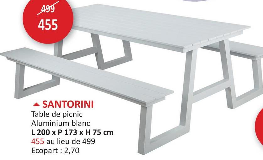 499
455
▲ SANTORINI
Table de picnic
Aluminium blanc
L 200 x P 173 x H 75 cm
455 au lieu de 499
Ecopart: 2,70