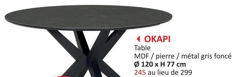 ◄ OKAPI
Table
MDF/pierre / métal gris foncé
Ø 120 x H 77 cm
245 au lieu de 299