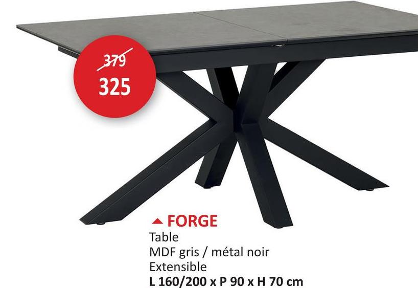 379
325
▲ FORGE
Table
MDF gris/métal noir
Extensible
L 160/200 x P 90 x H 70 cm