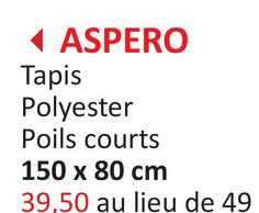 ◄ ASPERO
Tapis
Polyester
Poils courts
150 x 80 cm
39,50 au lieu de 49