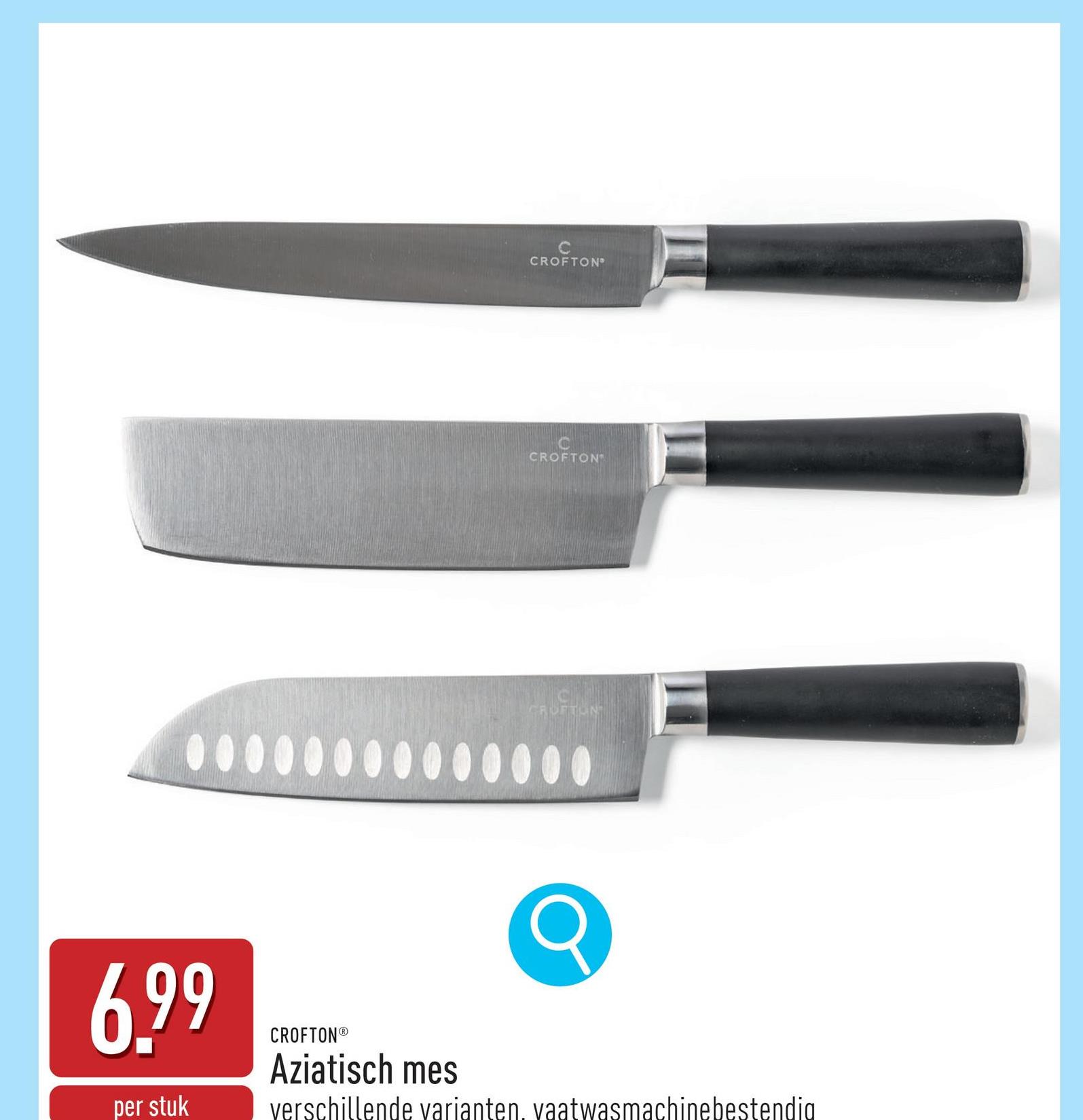 Aziatisch mes roestvrij staal, keuze uit santoku-mes (17,7 cm), sashimi-mes (20,2 cm) en usuba-mes (18 cm), vaatwasmachinebestendig