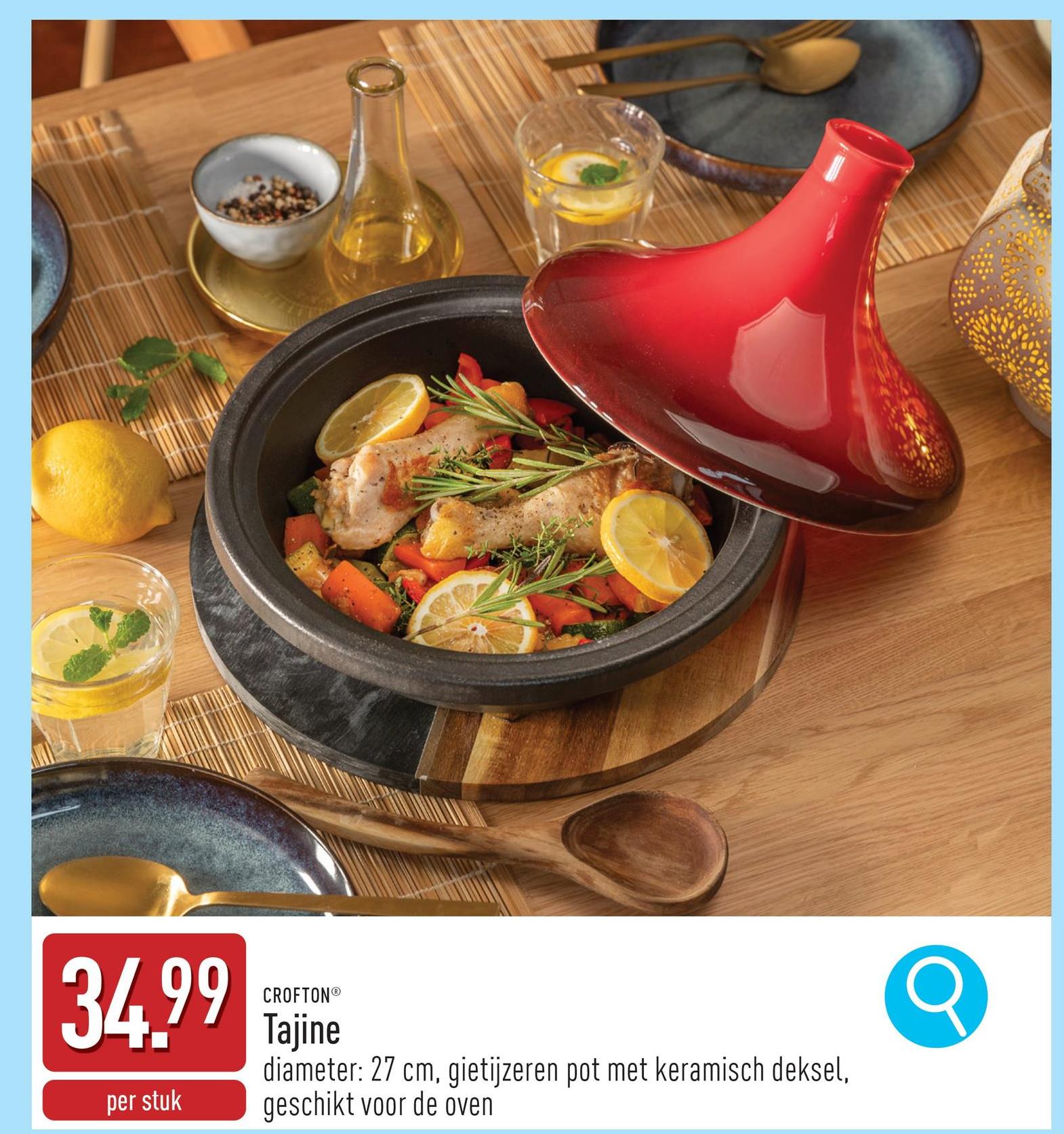 Tajine diameter: 27 cm, hoogte: 21 cm, gietijzeren pot met keramisch deksel, geschikt voor de oven (tot 260 °C)