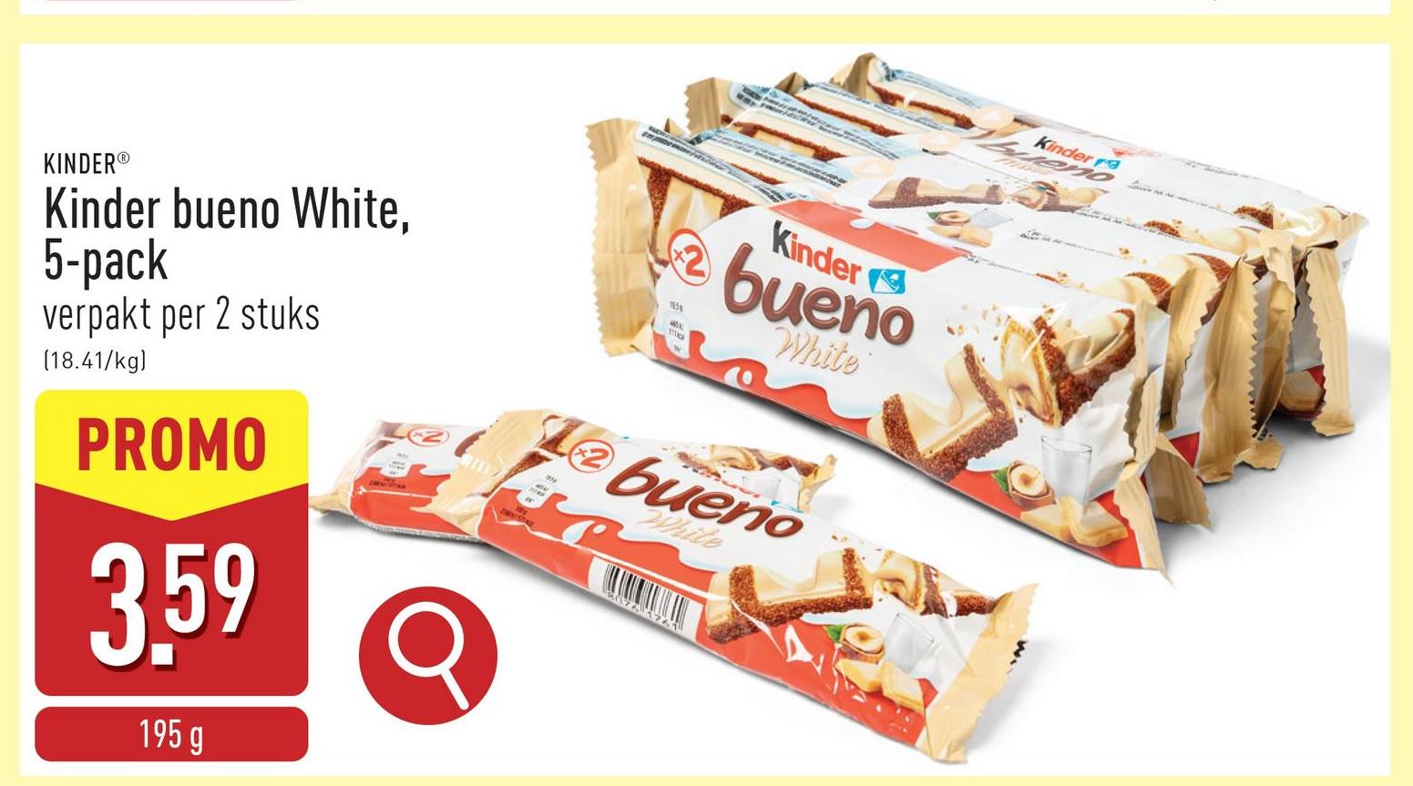 Kinder bueno White, 5-pack wafelrepen met melk- en hazelnootvulling, omhuld met witte chocolade, verpakt per 2 stuks