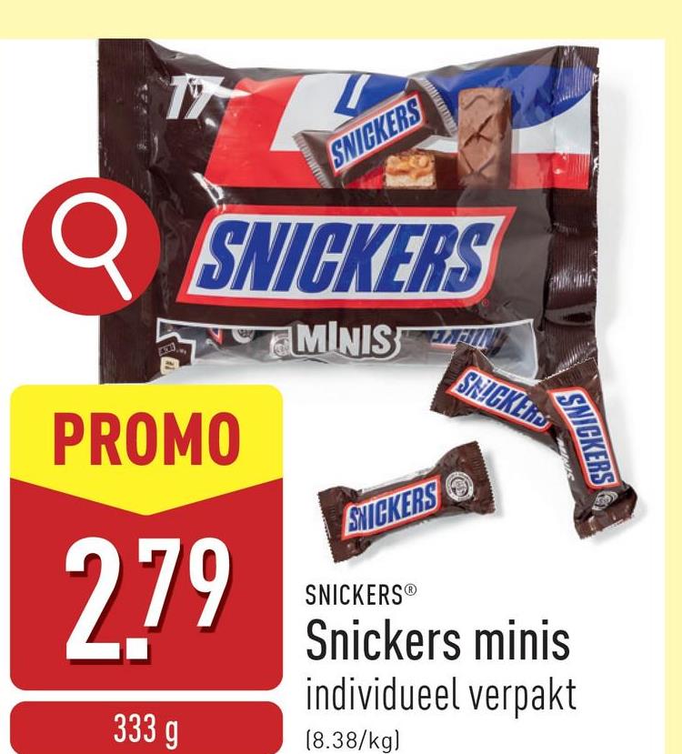 Snickers minis melkchocolade met luchtige vulling, karamel en geroosterde pinda's, individueel verpakt