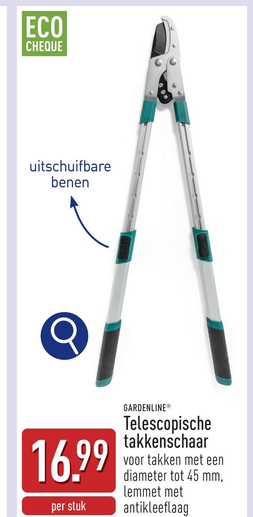 Telescopische takkenschaar schaar met uittrekbare handgrepen (van 67,5 cm tot 92,5 cm), voor takken met een diameter tot 45 mm, lemmet met antikleeflaag, handgrepen uit kunststof, geharde messen, antiroestbescherming