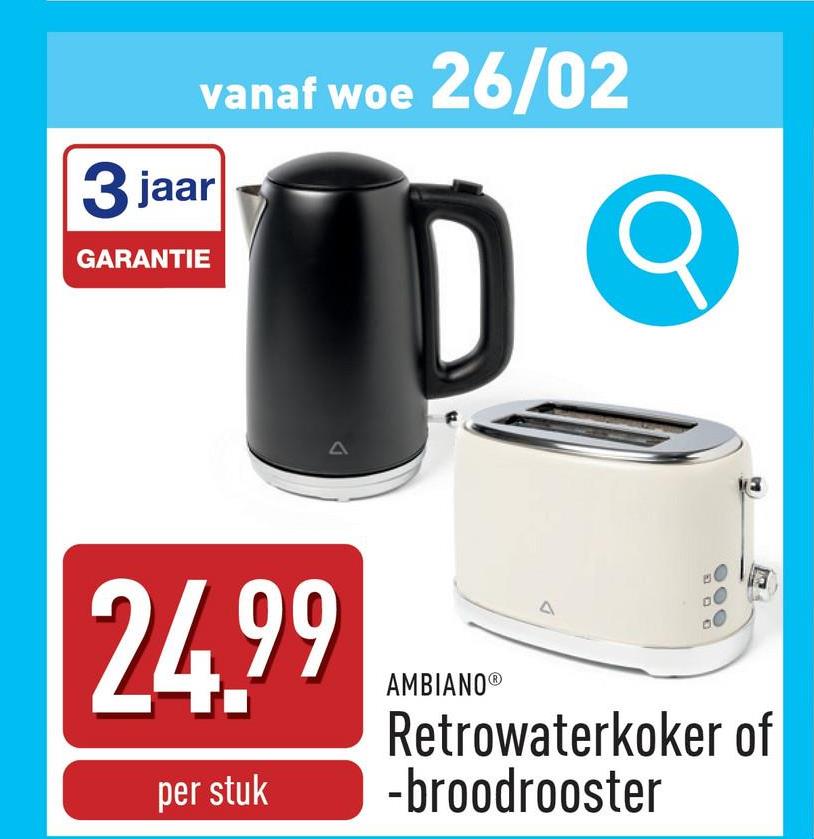 Retrowaterkoker of -broodrooster waterkoker:2550-3000 Winhoud: 1,7 ldroogkookbeveiligingmet uitneembare kalkfilterkeuze uit verschillende variantenbroodrooster:820-980 W2 sleuven6 bruiningsstandenopwarm-, ontdooi-, en annuleerfunctiemet kruimellade en broodjesverwarmerkeuze uit verschillende varianten