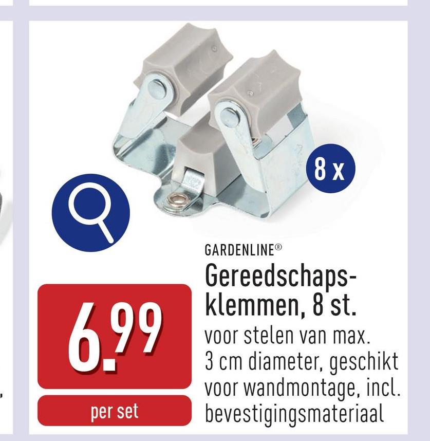 Gereedschapsklemmen, 8 st. geschikt voor stelen van max. 3 cm diameter en max. 2 kg, draaibare rubberen buffers, geschikt voor wandmontage, eenvoudige bevestiging, incl. bevestigingsmateriaal