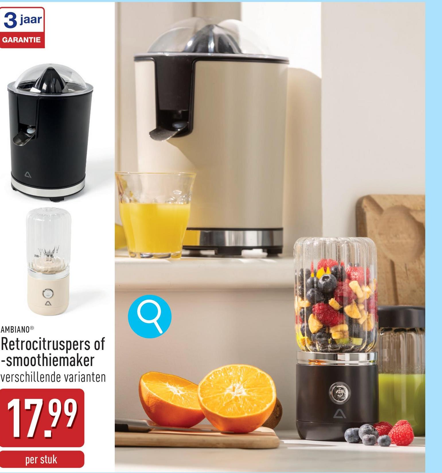 Retrocitruspers of -smoothiemaker smoothiemaker:3,7V-lithiumionaccuglazen kan6 messenincl. oplaadkabelcitruspers:max. 60 Wmet 2 perskegels en uitneembaar sapbakje met schenktuitkeuze uit verschillende varianten