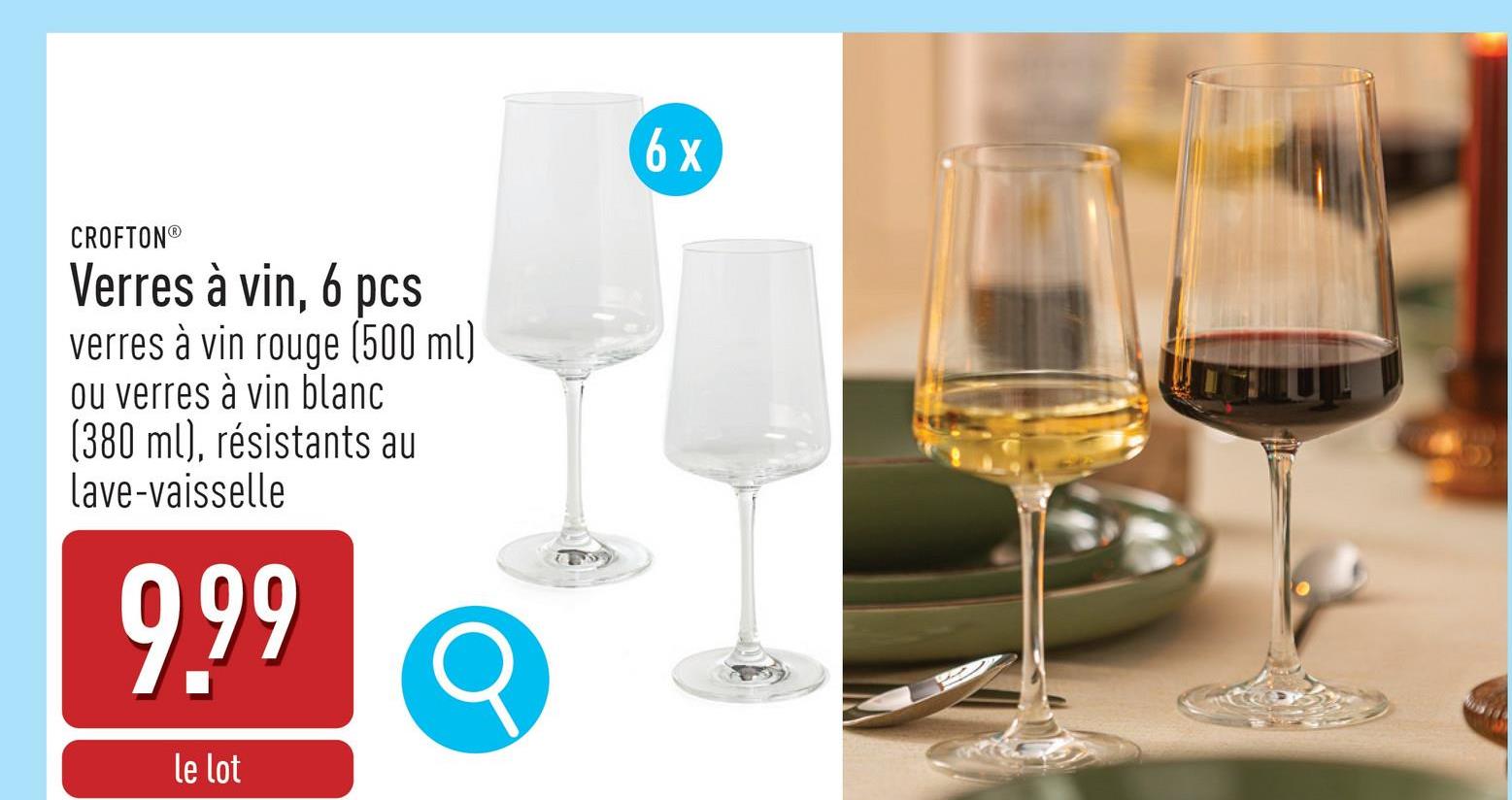 Verres à vin, 6 pcs verre en cristal, choix entre verres à vin rouge (contenance : 500 ml) et verres à vin blanc (contenance : 380 ml), très résistants aux rayures, ultra-brillants, résistants au lave-vaisselle