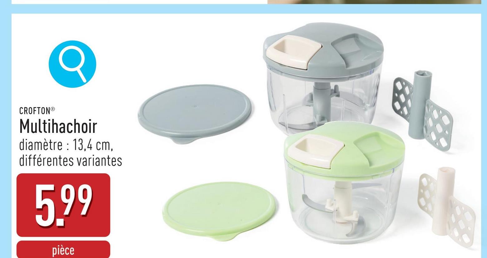 Multihachoir plastique, acier inoxydable, diamètre : 13,4 cm, base antidérapante en silicone, 2 embouts et grattoir incl., choix entre différentes variantes