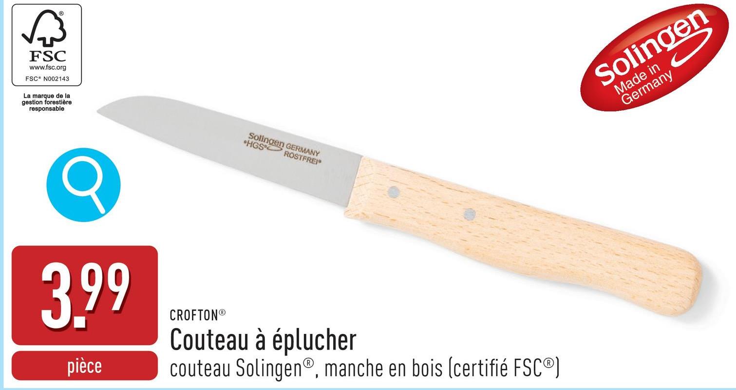 Couteau à éplucher Solingen® couteau Solingen®, 7 cm, manche en bois (certifié FSC®)