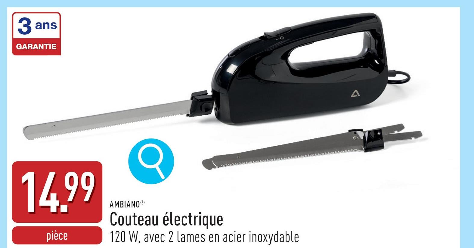 Couteau électrique 120 W, avec 2 lames en acier inoxydable et verrouillage de sécurité intégré