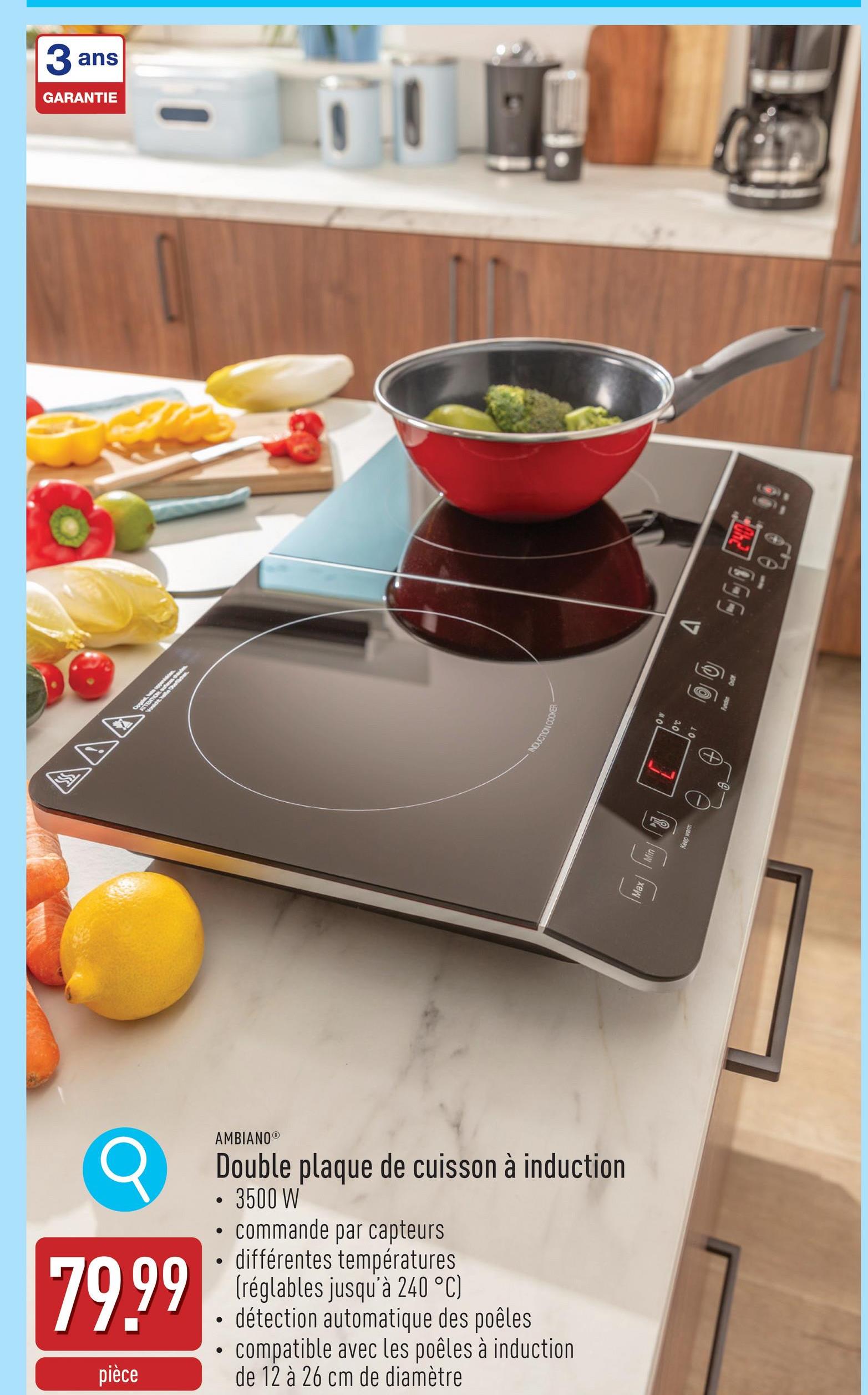 Double plaque de cuisson à induction 3500 Wcommande par capteurs à commande tactile10 ou 8 températures (réglables de 60 à 240 °C)détection automatique des poêlescompatible avec les poêles à induction d'un diamètre de 12 à 26 cmprotection antisurchauffesécurité enfants, longueur du cordon : 1,50 m