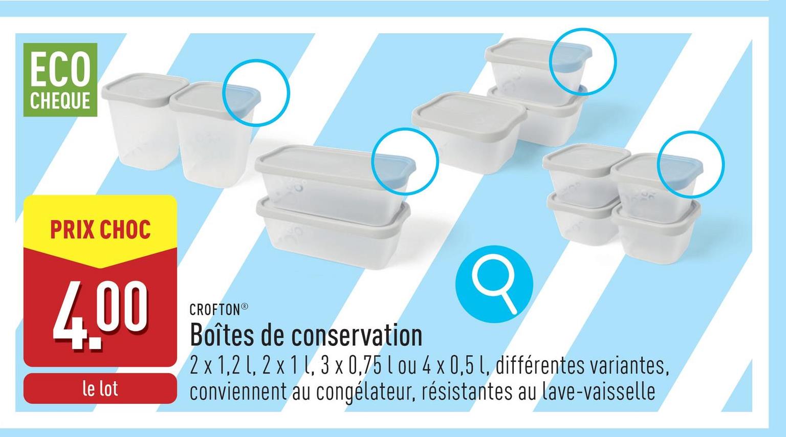 Boîtes de conservation polypropylène, choix entre 2 boîtes de 1200 ml, 3 boîtes de 750 ml, 4 boîtes de 500 ml et 2 boîtes de 1000 ml, choix entre différentes variantes, conviennent au congélateur, résistantes au lave-vaisselle