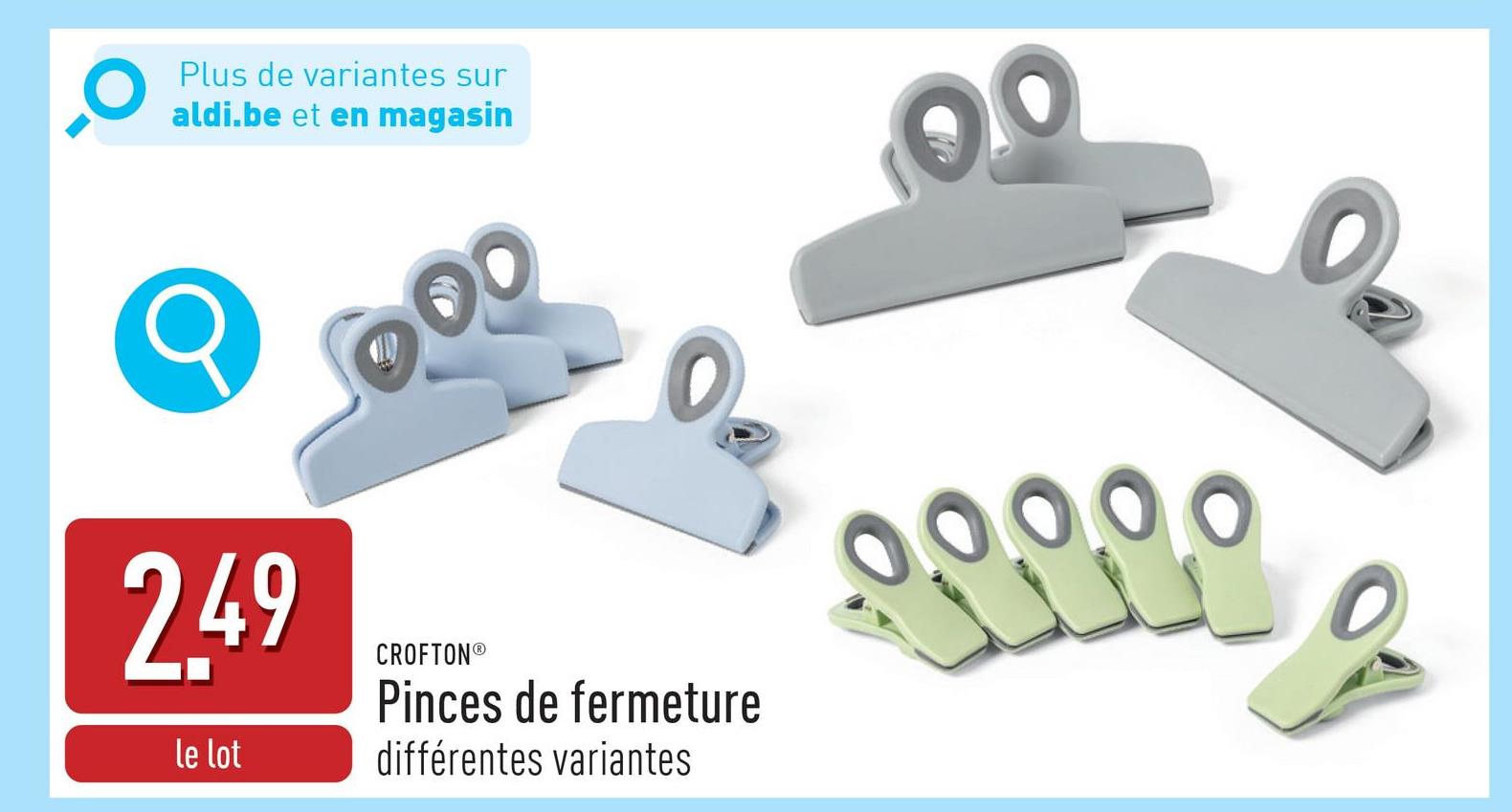 Pinces de fermeture plastique et métal, choix entre 3 grandes pinces de fermeture (13,2 x 8,5 cm), 4 pinces de fermeture moyennes (9 x 7,5 cm) et 6 petites pinces de fermeture (3,2 x 6,9 cm), choix entre différentes variantes