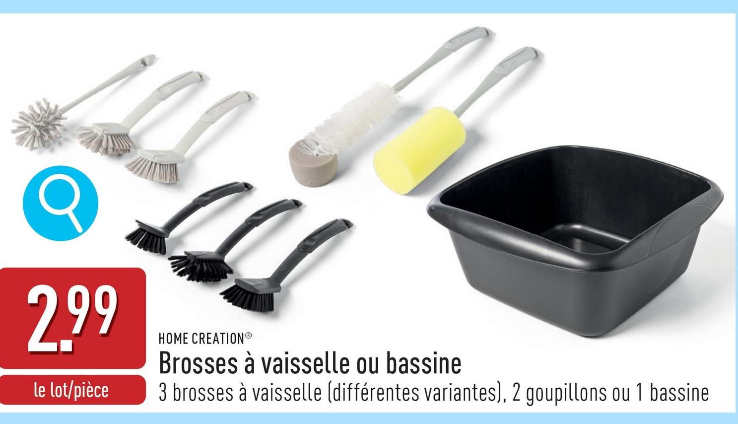 Brosses à vaisselle ou bassine choix entre lot de brosses à vaisselle (choix entre différentes variantes) et bassine (34 x 34 x 14 cm, 8 l)