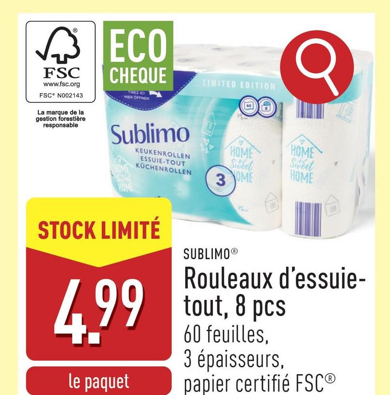 Rouleaux d'essuie-tout, 8 pcs 60 feuilles (3 épaisseurs), papier certifié FSC®