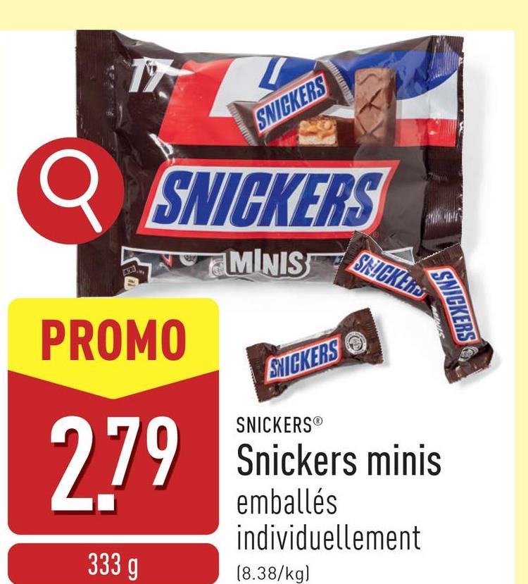 Snickers minis chocolat au lait fourré d'une crème légère, de caramel et de cacahuètes grillées, emballés individuellement