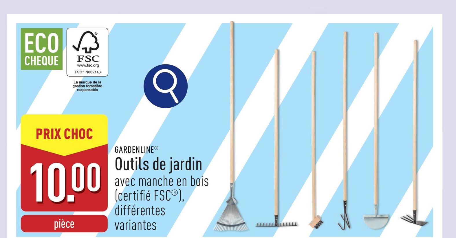 Outils de jardin avec manche en bois (certifié FSC®), choix entre brosse désherbante, râteau à feuilles, griffe à main, coupe-bordures, râteau de jardinage et râteau double