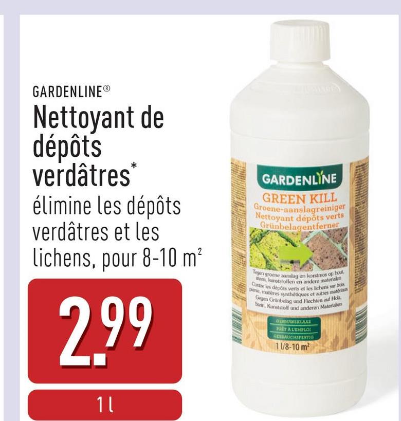 Nettoyant de dépôts verdâtres contre les dépôts verdâtres, les algues et les lichens sur le bois, la pierre, les matières plastiques et autres matériaux, pour 8-10 m²