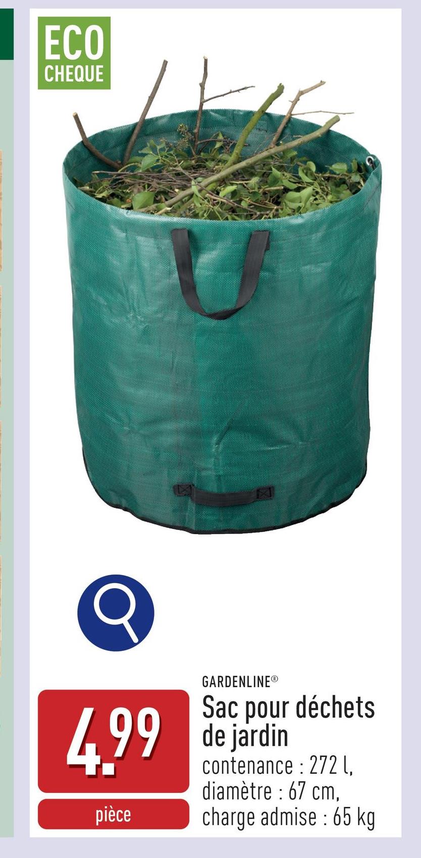 Sac pour déchets de jardin imperméable, résistance élevée à la déchirure, diamètre : 67 cm, contenance : 272 l, charge admise : max. 65 kg, tient debout grâce à un œillet de renforcement, poignées de transport et de manutention robustes