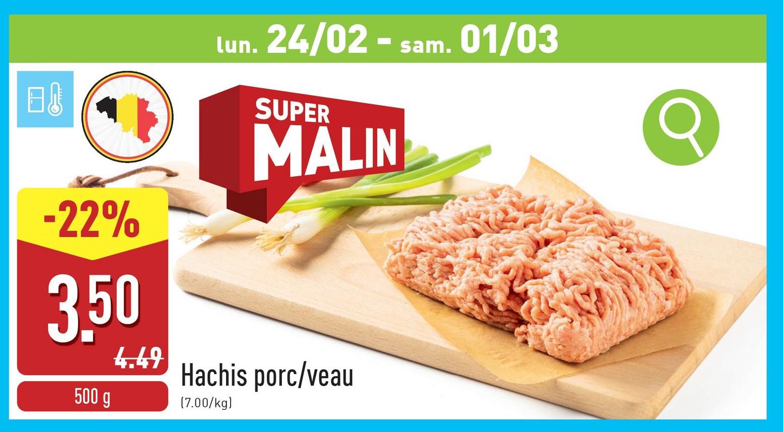 Hachis porc/veau viande de porc (79 %) et de veau (10 %) hachée et épicée, viande belge de qualité, certifié Belbeef