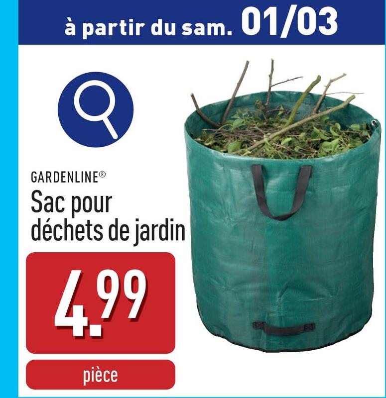 Sac pour déchets de jardin imperméable, résistance élevée à la déchirure, diamètre : 67 cm, contenance : 272 l, charge admise : max. 65 kg, tient debout grâce à un œillet de renforcement, poignées de transport et de manutention robustes