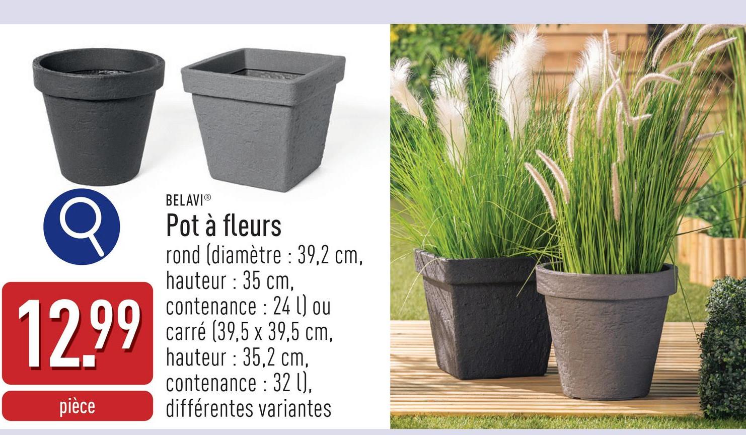 Pot à fleurs rond (diamètre : 39,2 cm, hauteur : 35 cm, contenance : 24 l) ou carré (39,5 x 39,5 cm, hauteur : 35,2 cm, contenance : 32 l), choix entre différentes variantes