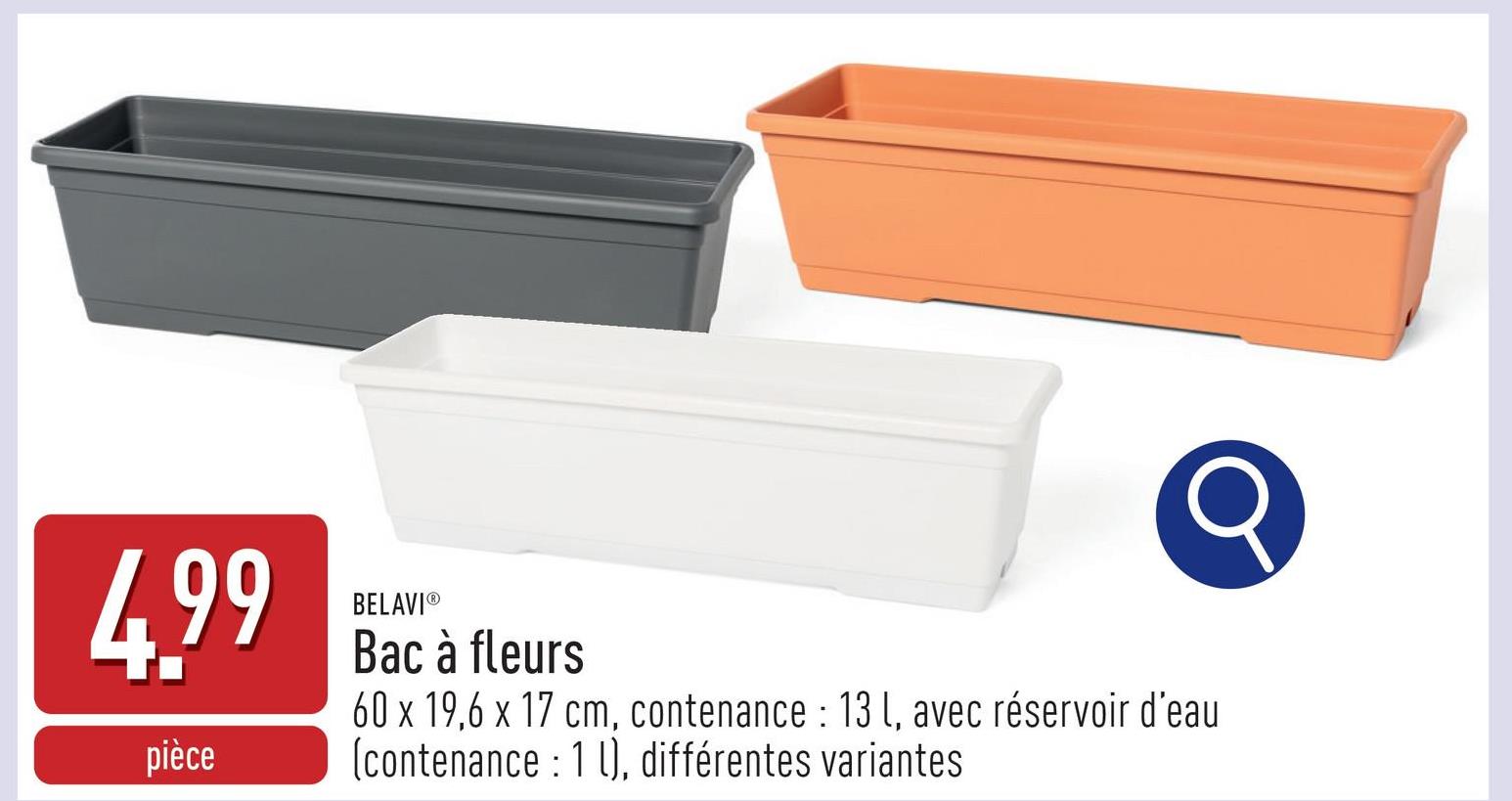 Bac à fleurs plastique, 60 x 19,6 x 17 cm, contenance : 13 l, avec réservoir d'eau (contenance : 1 l), choix entre différentes variantes, résistant aux intempéries