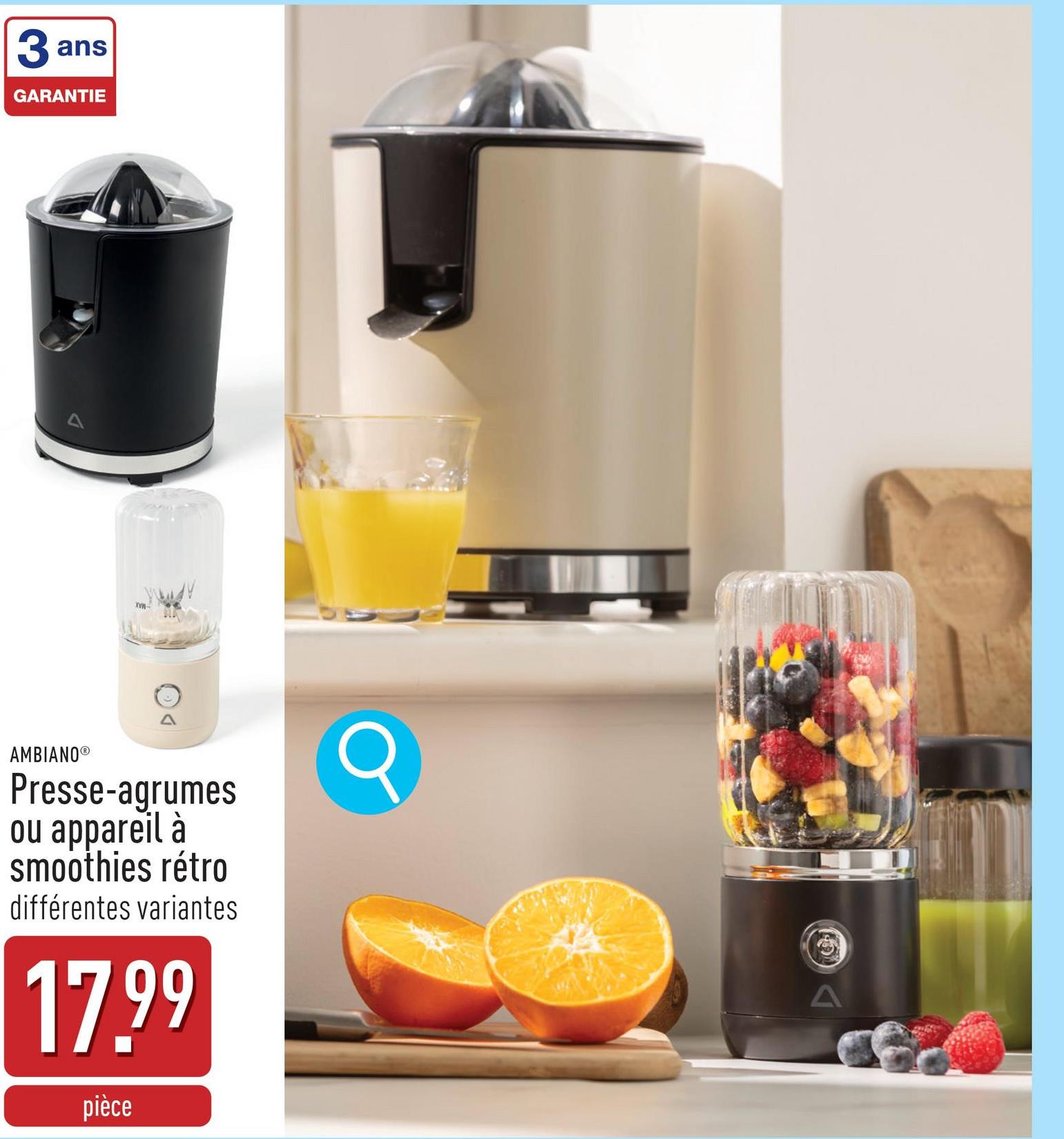 Presse-agrumes ou appareil à smoothies rétro appareil à smoothies :batterie lithium-ion de 3,7 Vcruche en verre6 lamescâble de recharge incl.presse-agrumes :max. 60 Wavec 2 cônes de pressage et récipient à jus amovible avec bec verseurchoix entre différentes variantes