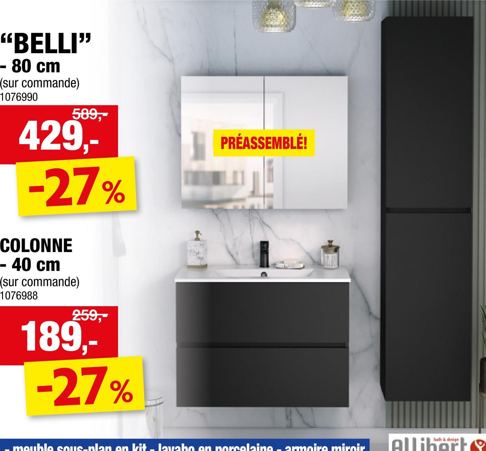 Allibert Belli meuble colonne 40cm 2 portes noir mat Le meuble colonne Belli de Allibert confère à  votre salle de bains un look sobre et élégant grâce à  sa finition Soft Touch veloutée en noir mat. Les 2 portes Soft Close sont réversibles et ont été dotées d'une poignée inclinée encastrée pour une touche moderne et épurée. Le meuble a une largeur de 40cm et dispose de 3 étagères en bois.Dimensions : 40x35x180 cm2 portes Soft Close3 étagères fixesLivré assembléMatériel de fixation inclusCe meuble colonne fait partie d'un meuble de salle de bains. Les pièces assorties du meuble se trouvent dans la rubrique accessoires. Cet article n'est pas toujours compatible avec d'autres meubles de salle de bains.