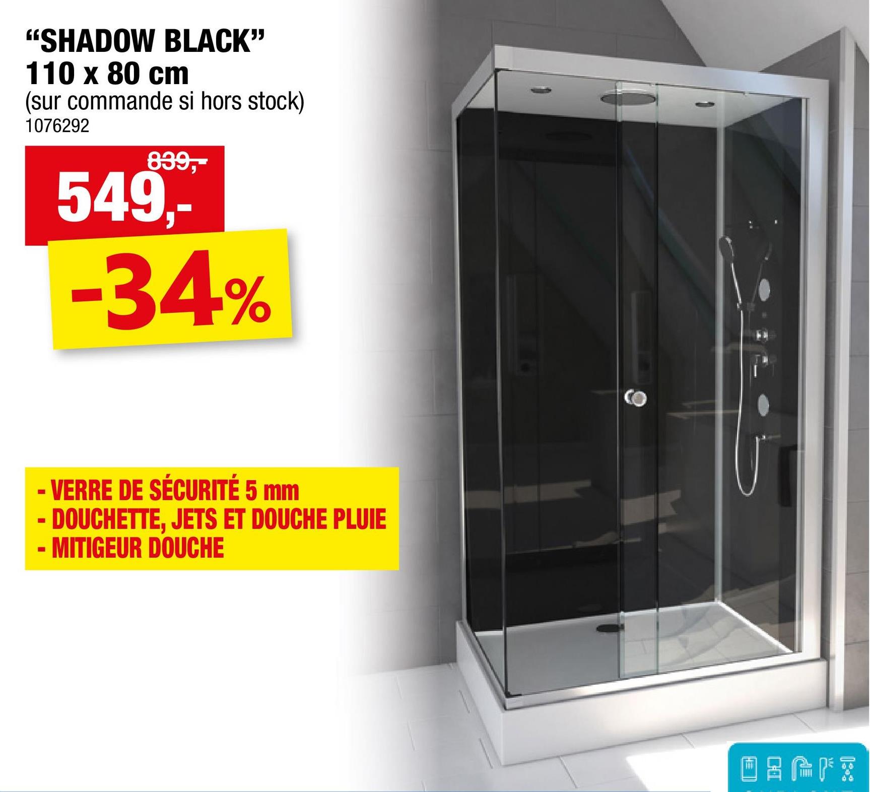 Aurlane Shadow Black cabine de douche complète réversible 110x80x215 cm <p>Toute en transparence, expérimentez la cabine de douche Shadow Black dans votre salle de bain. Equipée d’un fond noir en verre trempé, appréciez le confort d’une douche de tête pluie ronde et chromée, d’un système d’hydromassage à  2 buses ainsi qu’une douchette à  main anticalcaire. Le petit plus très pratique : la tablette en verre.</p>Dimension: 110x80x215 cm&nbsp;Hauteur nécessaire pour installation: 230cm&nbsp;Structure en aluminium laqué gris argent&nbsp;Porte coulissante en verre trempé 5mm réversible&nbsp;Fond en verre 2 parties trempé noir&nbsp;Colonne en verre trempé noir&nbsp;Paroi de côté en verre trempé&nbsp;Toit en verre trempé blanc&nbsp;Receveur en acrylique blanc renforcé&nbsp;Fermeture magnétique&nbsp;Montage sans silicone&nbsp;Douche de tête pluie ronde et chromée&nbsp;Système d’hydromassage à  2 buses chromées grand format&nbsp;Douchette à  main anti-calcaire avec flexible inox double agraphage&nbsp;Tablette en verre&nbsp;Poignée chromée&nbsp;Mitigeur mécanique&nbsp;Bonde grand débit 90mm